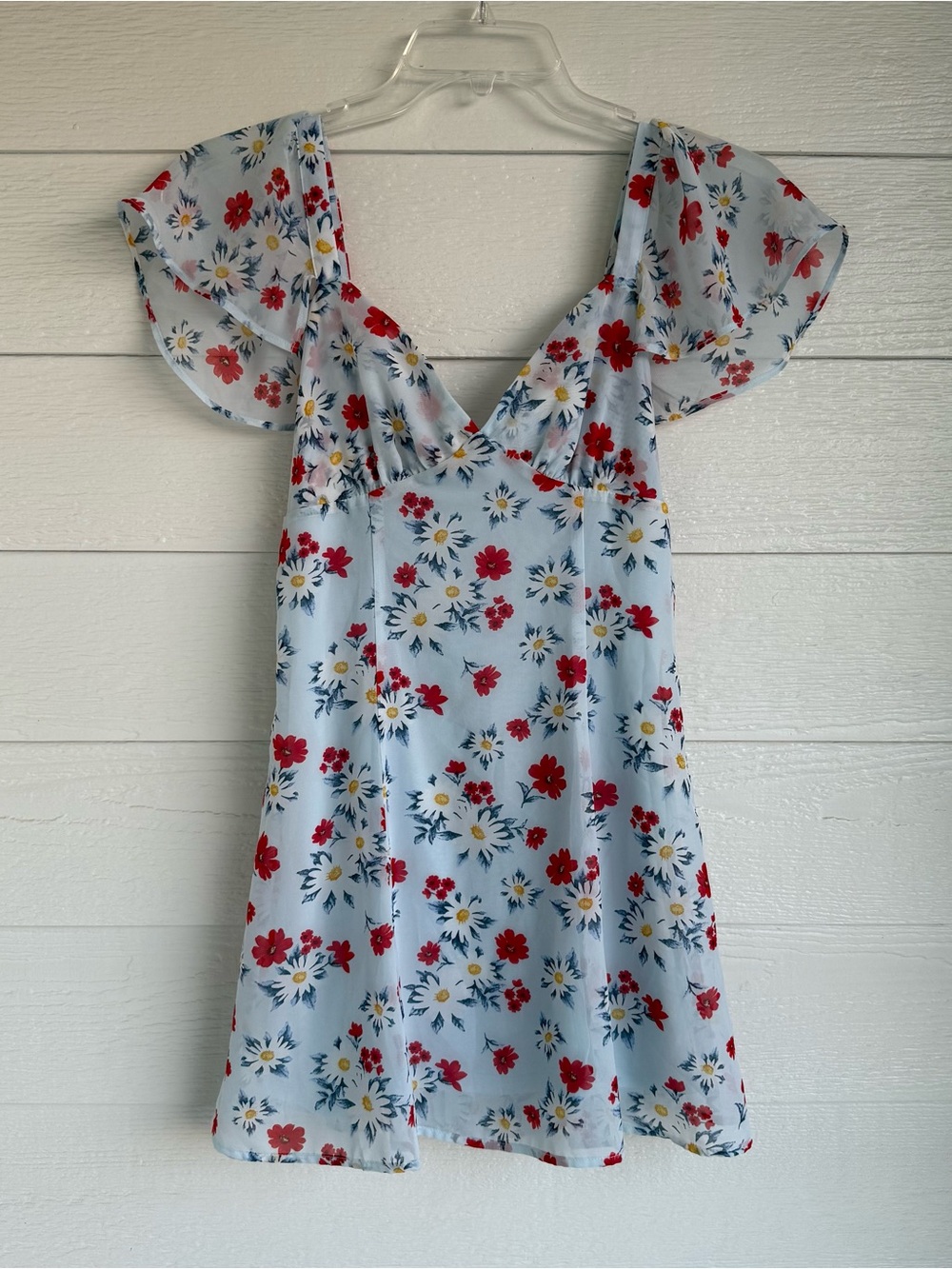 Forever 21 Blue Floral Daisies Flutter Sleeve Dress Size Small Boho Cottagecore